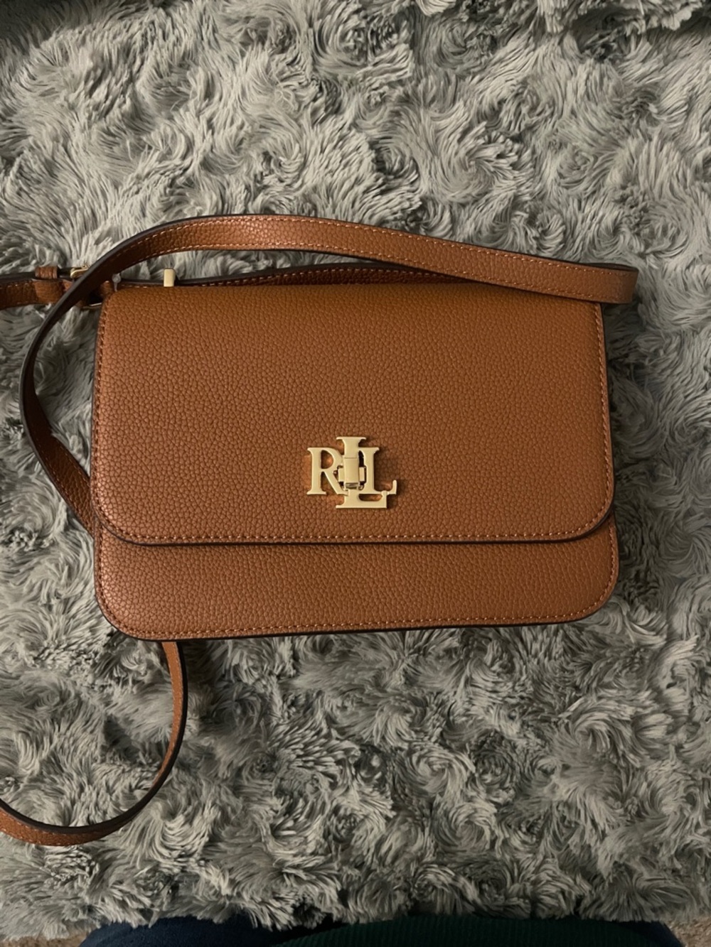 NWOT Ralph Lauren Brown Pebbled Leather Crossbody with Gold RL Logo